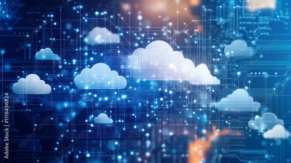 Aufkleber Soft, fluffy clouds float gracefully in a vibrant digital space filled with glowing data points and intricate circuitry, symbolizing the fusion of nature and technology in a futuristic setting