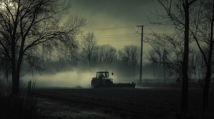 Fototapeta premium Tractor working a misty field at dawn