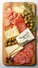 Gourmet charcuterie board presenting assorted cheeses, cured meats, and olives