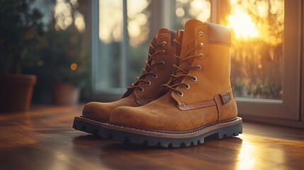 Tan leather boots by sunlit window.