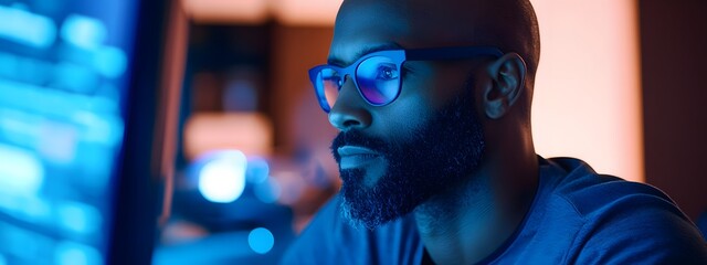 A bald, bearded Black man wearing blue glasses sits in front of a computer screen, working on code in a dark room