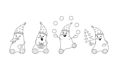 Set of funny Snowmen in hats and with a smile on their faces with a broom, a bag, balls and a carrot. Design of a New Year s greeting card for editing. Coloring for children