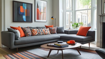 Modern Living Room Featuring Gray Sectional Sofa and Abstract Art