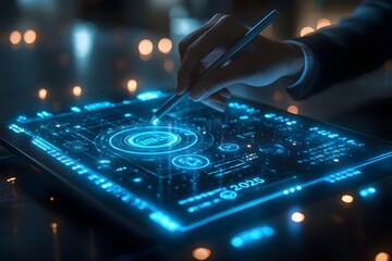 Obraz premium a business professional in a sleek suit using a stylus on a tablet with vivid holograms of a business icons and bold 