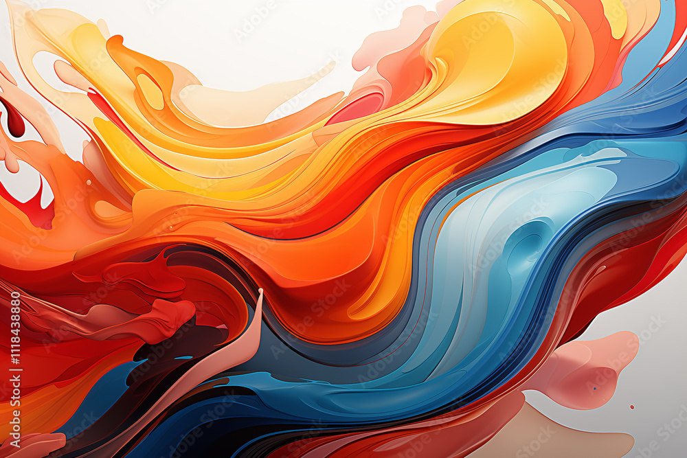 Poster dynamic abstract lines and shapes in motion, with energetic fluid movement and bold colors.