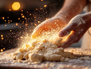 A close-up of hands kneading dough, with flour dusting the surface and sparkling light, illustrating the art of baking and culinary creativity.