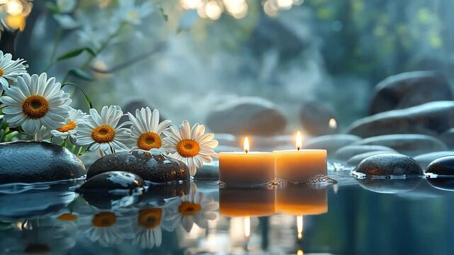 Tranquil water scene with candles and daisies in a serene natural setting