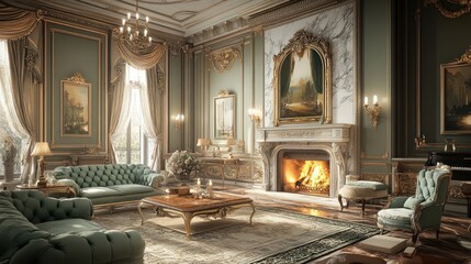Obraz premium Elegant Living Room With Ornate Fireplace And Fine Furnishings