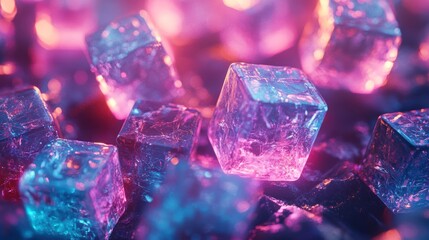 Glowing neon pink and blue ice cubes.