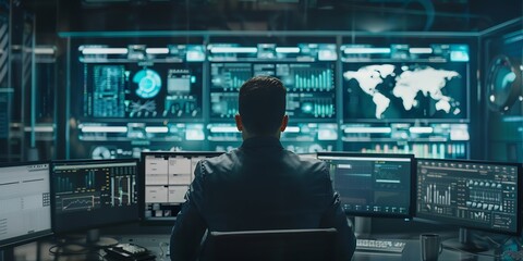 Businessman analyzing big data with AI, dashboards, and analytics for data mining. 