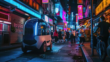 A food delivery robot navigates the bustling evening streets, surrounded by neon lights that light up the urban scene.
