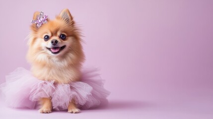 A playful pomeranian dog wearing a fluffy tutu skirt and a sparkly bow sits happily against a soft pink background, showcasing its adorable personality and charm