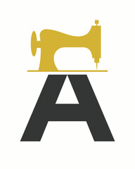 Initial Letter A Tailor Logo Design with Tailoring Machine Symbol Concept For Embroider, Textile, Cloth and Fabric Template