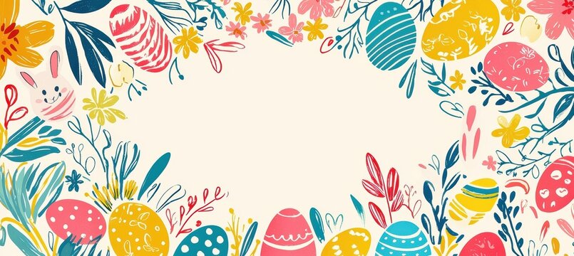 Playful Easter Greeting Card Template with Colorful Eggs, Bunnies, and Spring Flowers for Text Space
