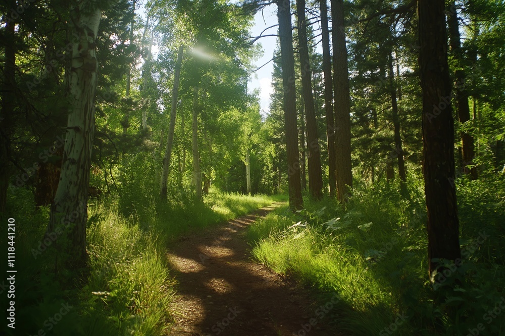 Poster a serene forest trail surrounded by tall, dense pine trees with sunlight filtering through