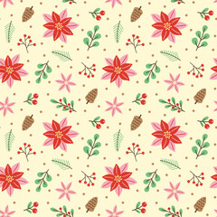 Christmas poinsettia flowers, holly berries and winter foliage on yellow vector seamless pattern design.