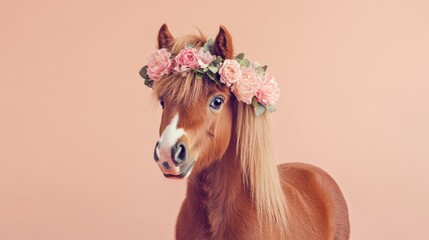 A charming pony is beautifully decorated with a floral garland of pink roses, showcasing a gentle expression. The soft pastel background enhances the pony's delightful appearance