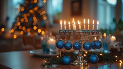 Menorah with blue ornaments on table, Christmas tree bokeh background.
