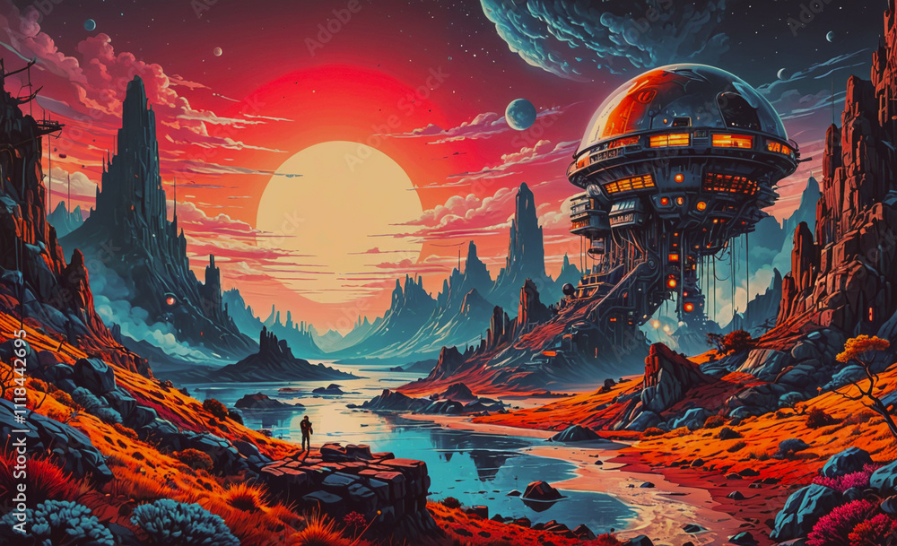 Aufkleber A colorful space scene with a large planet and a small one. A man is standing on the ground in the foreground
