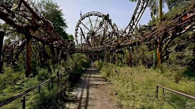 a roller coaster  and  a dirt road  in an abandoned theme park.