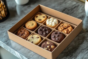 An assortment of chocolate chip cookies and other delicious varieties neatly arranged in a gift box on a marble table, ideal for gifting and enjoyment.