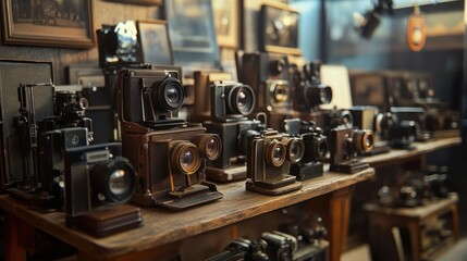 Fototapeta premium Antique cameras collection on wooden table.