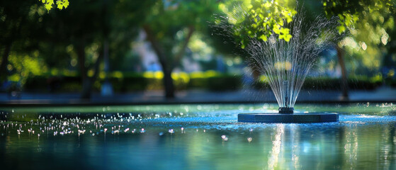 tranquil fountain surrounded by lush greenery, creating serene atmosphere. sunlight reflects off water, enhancing peaceful scene