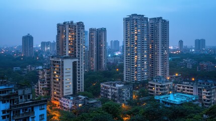 Twilight Cityscape High Rise Buildings and City Lights