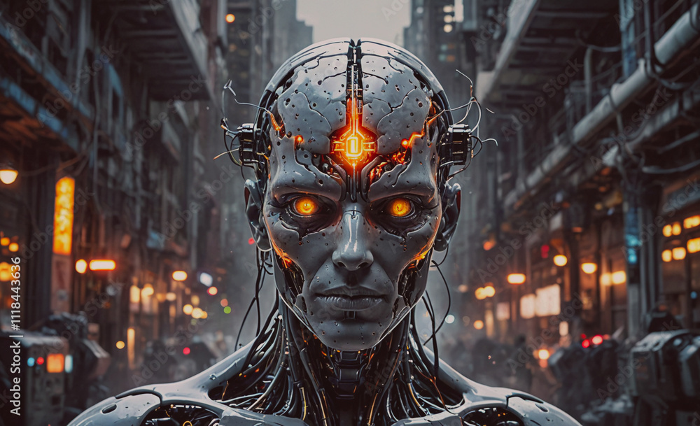 Poster A robot with a glowing eye stands in front of a city. The robot is surrounded by lights and he is in a futuristic setting