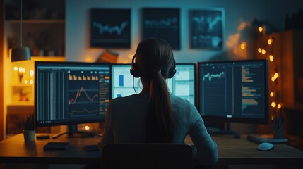 Analyst woman working from home at night in front of multiple monitors for data analysis