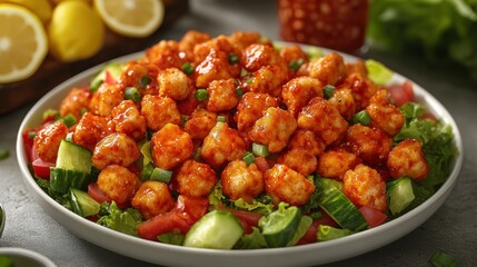 Spicy tofu cubes on fresh salad.