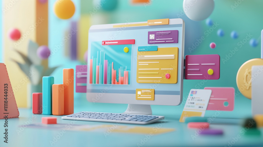 Poster concept of assembling a web development workplace around the background, an abstract representation 
