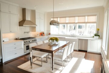 Bright kitchen featuring a sleek wooden table, white upholstered chairs, stainless steel appliances, and large windows allowing abundant natural light to fill the space.