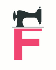 Initial Letter F Tailor Logo Design with Tailoring Machine Symbol Concept For Embroider, Textile, Cloth and Fabric Template