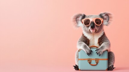 A koala wearing aviator goggles sits with a light blue suitcase in front of a soft pastel background, exuding a playful, adventurous spirit perfect for travel