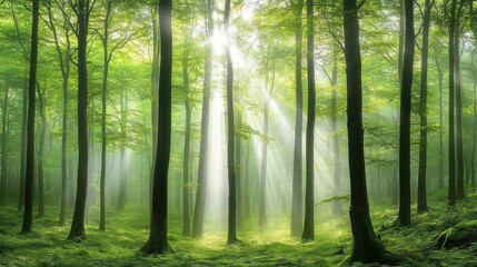 Obraz premium Sunbeams Illuminate A Misty Green Forest