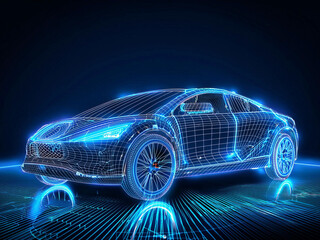 A futuristic car rendered as a glowing neon wireframe, showcasing intricate details in vibrant blue and green hues. Perfect for themes of automotive innovation, technology, and digital design.