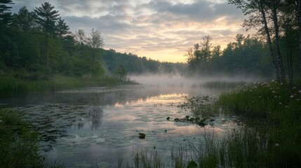 Serene Sunrise Over Misty Forest Lake With Lily Pads