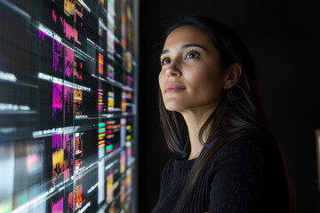 focused data analyst observes vibrant digital display of omics data, showcasing colorful graphs and patterns in dark, modern workspace