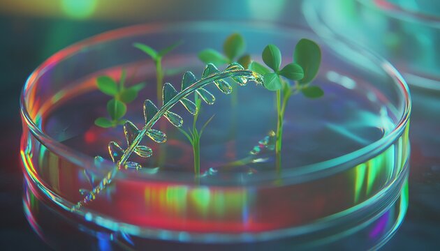 DNA Helix Overlaid on a Fresh Sprout in a Petri Dish, Symbolizing Innovative Plant Research and Genetic Advancements in Botany