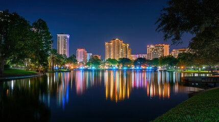 Fototapeta premium Nighttime Cityscape Reflecting in Calm Water