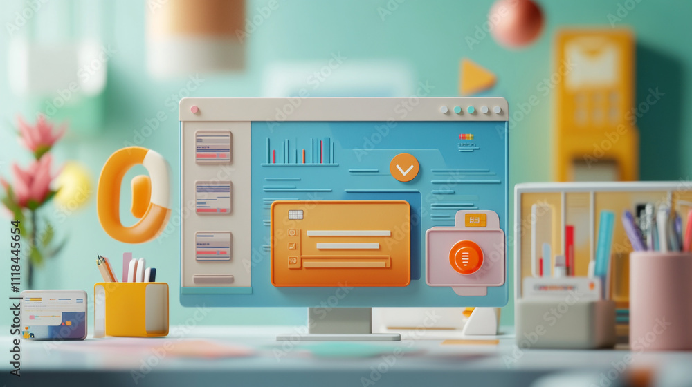 Poster concept of assembling a web development workplace around the background, an abstract representation 