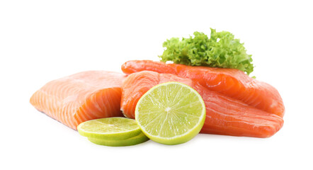 Pieces of fresh salmon, lime and lettuce isolated on white