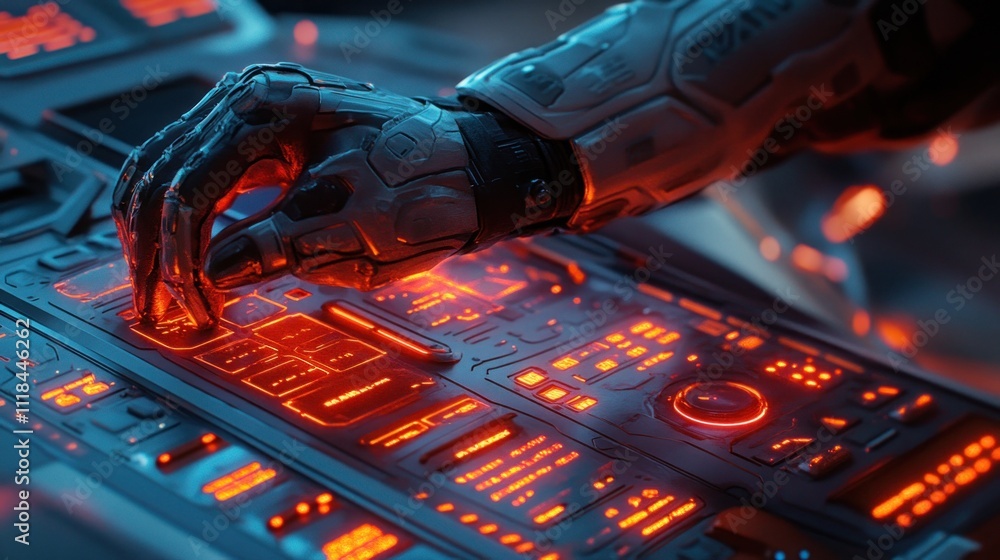 Aufkleber robotic hand operating futuristic control panel with glowing buttons and interface.