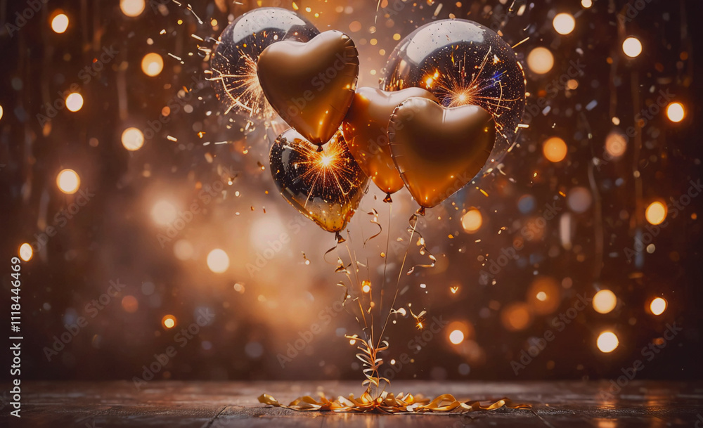 Poster a bunch of gold balloons with hearts on them are falling from the ceiling. the scene is set in a dar