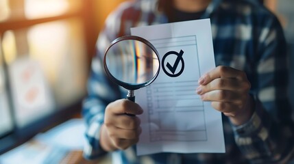 Document evaluation process and quality assurance concept. A hand holding a magnifying glass over a document icon with a checklist,