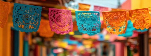 Festive Papel Picado Banner Mexican Party Decoration Colorful Street Market