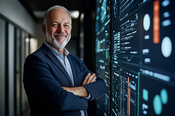 Fototapeta premium confident business leader smiling while standing in front of digital dashboard displaying data analytics in modern office environment