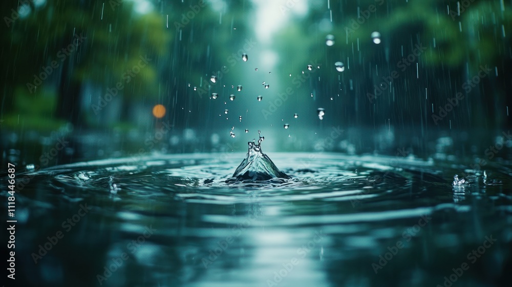 Poster raindrops splashing in a puddle, creating concentric ripples on the water's surface during a rainy d