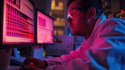 Scientist Analyzing X-Ray Diffraction Patterns on Screen in Laboratory Setting